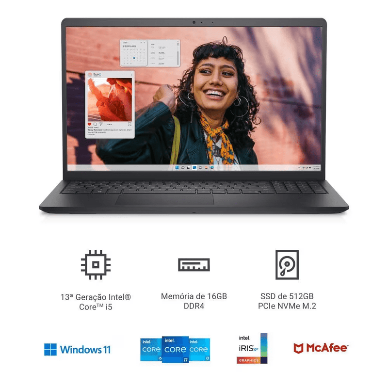 Notebook Dell Inspiron I15-I1300-M50P 15.6" Full HD 13ª Gen Intel Core i5 16GB 512GB SSD Win 11 Preto Carbono