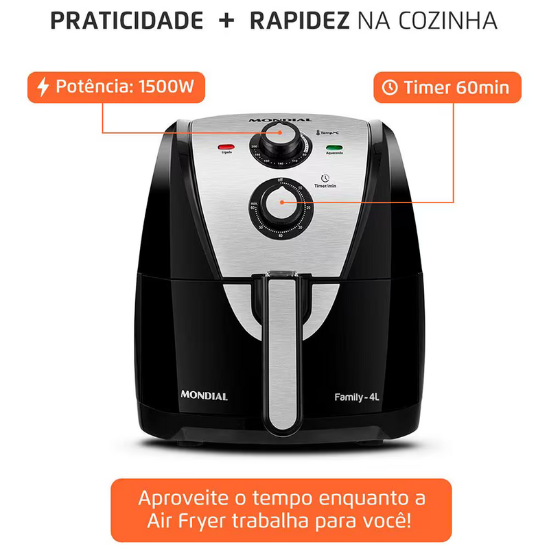 Fritadeira Elétrica Sem Óleo Air Fryer Mondial AFN40BI Family Inox 4L - Preta/Inox