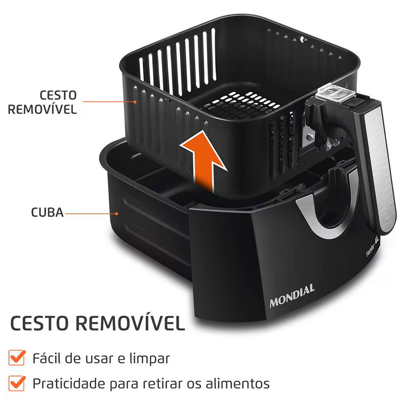 Fritadeira Elétrica Sem Óleo Air Fryer Mondial AFN40BI Family Inox 4L - Preta/Inox