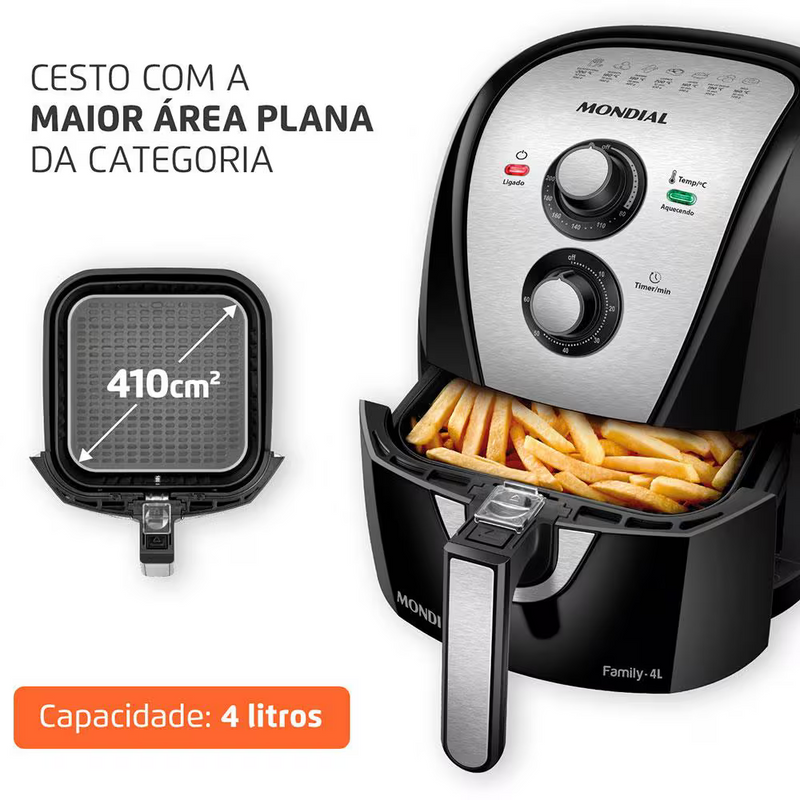 Fritadeira Elétrica Sem Óleo Air Fryer Mondial AFN40BI Family Inox 4L - Preta/Inox