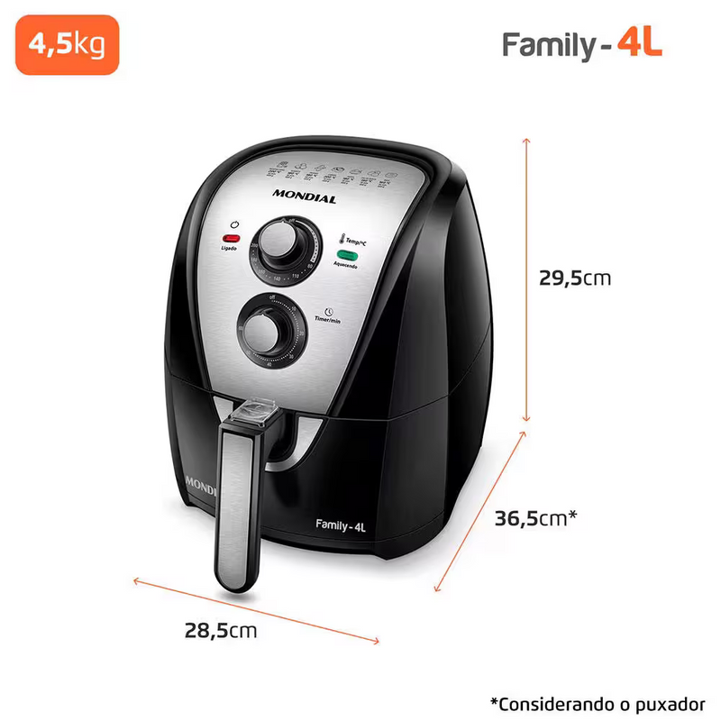 Fritadeira Elétrica Sem Óleo Air Fryer Mondial AFN40BI Family Inox 4L - Preta/Inox